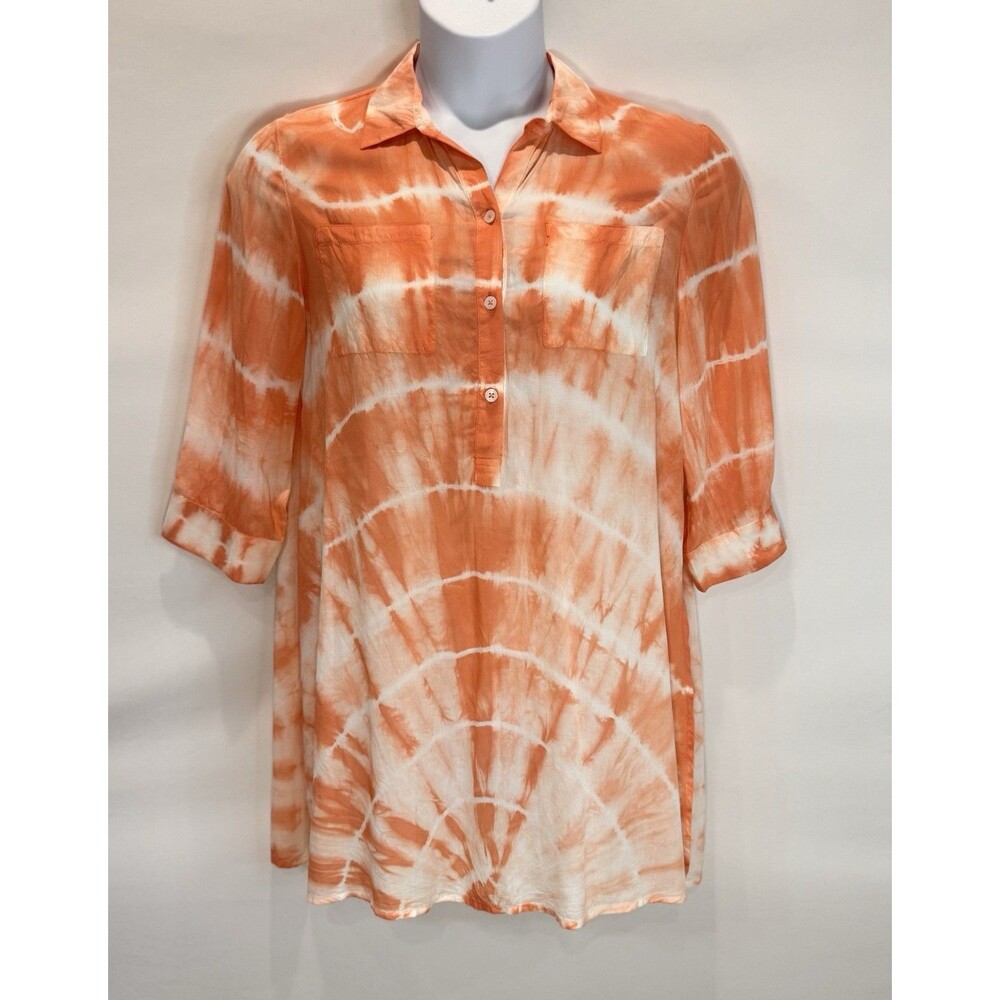 Chico's Size 1 Tie Dye Tunic Blouse Top M 8 Orange White Button Front 3/4 Sleeve